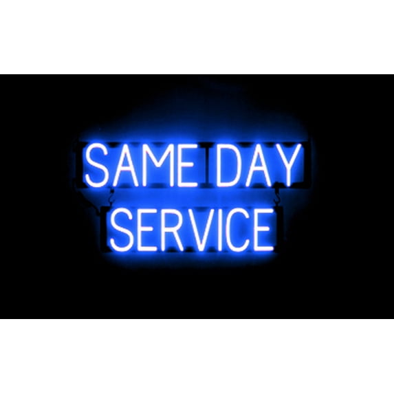 SpellBrite SAME DAY SERVICE LED Sign for Business. 31.9" x 15.0" Blue SAME DAY SERVICE Sign Has Neon Sign Look With Energy Efficient LED Light Source. Visible from 500+ Feet, 8 Animation Settings.
