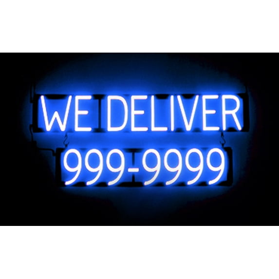 SpellBrite WE DELIVER 7 DIGIT PHONE NUMBER LED Sign for Business. 35.3" x 15.0" Blue WE DELIVER 7 DIGIT PHONE NUMBER Sign Has Neon Sign Look, LED Light Source. Visible from 500+ Feet, 8 Animations.
