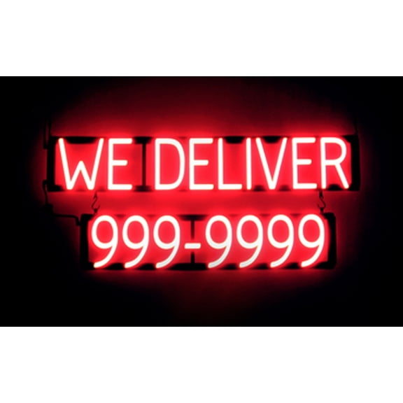 SpellBrite WE DELIVER 7 DIGIT PHONE NUMBER LED Sign for Business. 35.3" x 15.0" Red WE DELIVER 7 DIGIT PHONE NUMBER Sign Has Neon Sign Look, LED Light Source. Visible from 500+ Feet, 8 Animations.