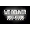 thumbnail image 1 of SpellBrite WE DELIVER 7 DIGIT PHONE NUMBER LED Sign for Business. 35.3" x 15.0" White WE DELIVER 7 DIGIT PHONE NUMBER Sign Has Neon Sign Look, LED Light Source. Visible from 500+ Feet, 8 Animations., 1 of 4