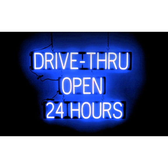 SpellBrite DRIVE-THRU OPEN 24 HOURS LED Sign for Business. 35.1" x 23.8" Blue DRIVE-THRU OPEN 24 HOURS Sign Has Neon Sign Look, LED Light Source. Visible from 500+ Feet, 8 Animations.