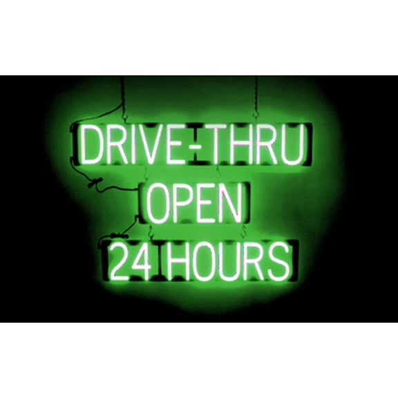 SpellBrite DRIVE-THRU OPEN 24 HOURS LED Sign for Business. 35.1" x 23.8" Green DRIVE-THRU OPEN 24 HOURS Sign Has Neon Sign Look, LED Light Source. Visible from 500+ Feet, 8 Animations.