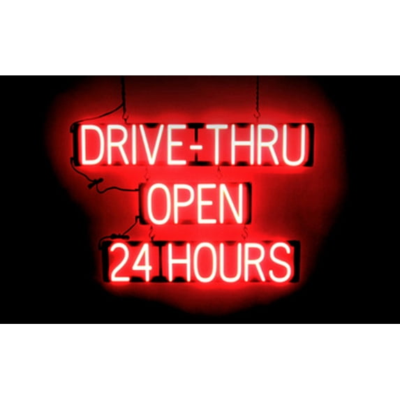 SpellBrite DRIVE-THRU OPEN 24 HOURS LED Sign for Business. 35.1" x 23.8" Red DRIVE-THRU OPEN 24 HOURS Sign Has Neon Sign Look, Energy Efficient LED Light Source. Visible from 500+ Feet, 8 Animations.