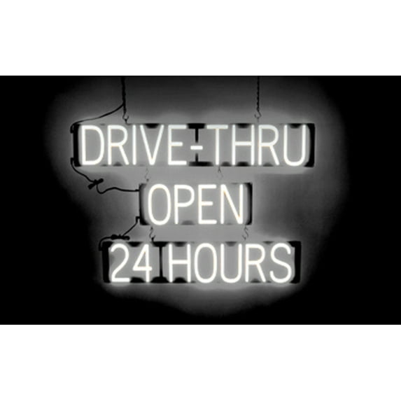 SpellBrite DRIVE-THRU OPEN 24 HOURS LED Sign for Business. 35.1" x 23.8" White DRIVE-THRU OPEN 24 HOURS Sign Has Neon Sign Look, LED Light Source. Visible from 500+ Feet, 8 Animations.