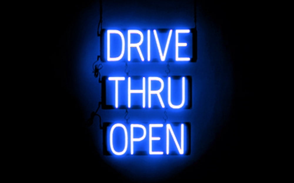 SpellBrite DRIVE THRU OPEN LED Sign for Business. 18.0" x 23.8" Blue DRIVE THRU OPEN Sign Has Neon Sign Look With Energy Efficient LED Light Source. Visible from 500+ Feet, 8 Animation Settings.