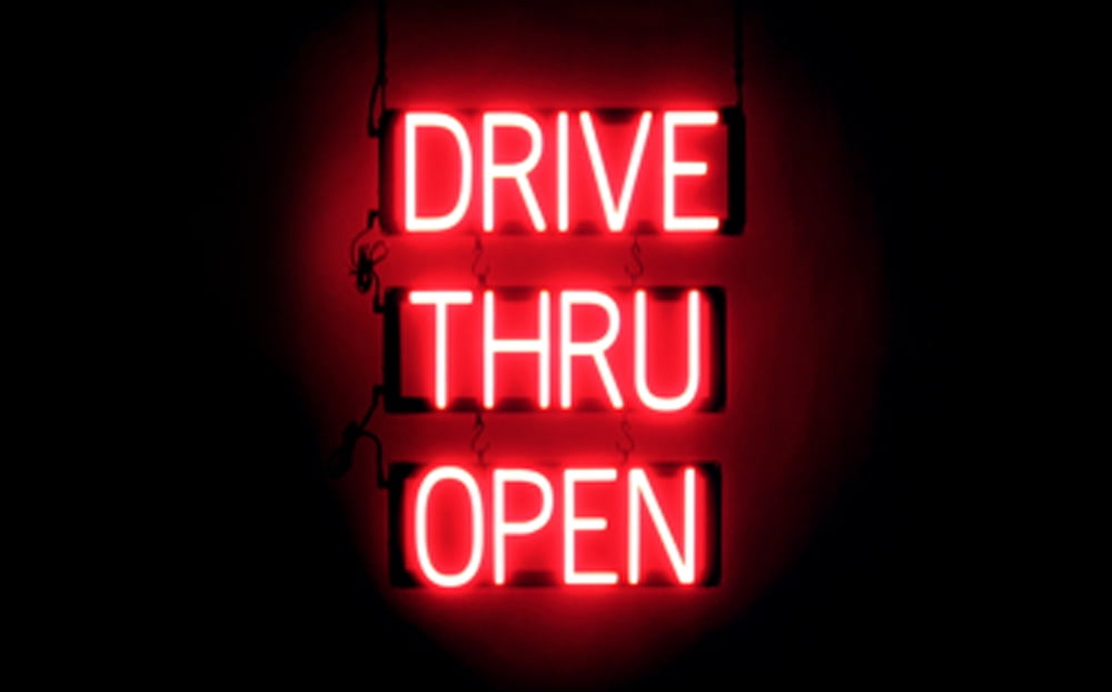 SpellBrite DRIVE THRU OPEN LED Sign for Business. 18.0" x 23.8" Red DRIVE THRU OPEN Sign Has Neon Sign Look With Energy Efficient LED Light Source. Visible from 500+ Feet, 8 Animation Settings.