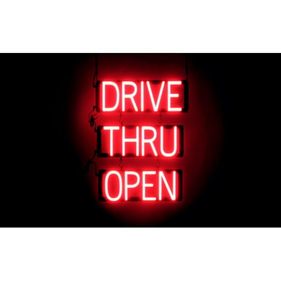 SpellBrite DRIVE THRU OPEN LED Sign for Business. 18.0" x 23.8" Red DRIVE THRU OPEN Sign Has Neon Sign Look With Energy Efficient LED Light Source. Visible from 500+ Feet, 8 Animation Settings.