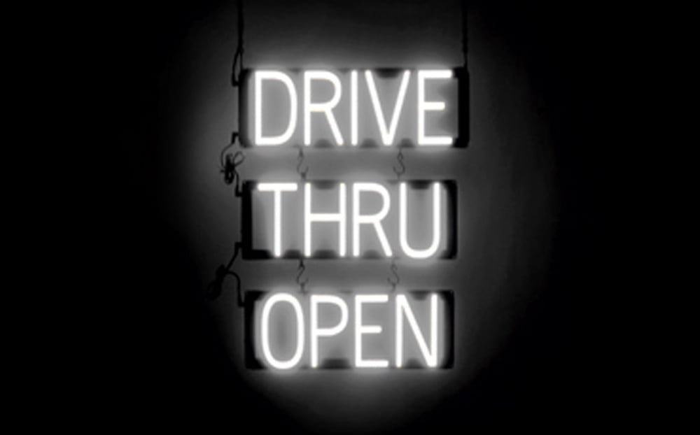 SpellBrite DRIVE THRU OPEN LED Sign for Business. 18.0" x 23.8" White DRIVE THRU OPEN Sign Has Neon Sign Look With Energy Efficient LED Light Source. Visible from 500+ Feet, 8 Animation Settings.