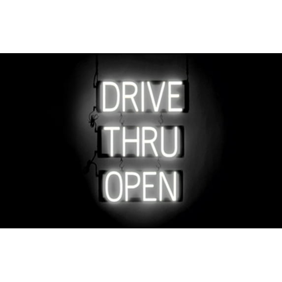 SpellBrite DRIVE THRU OPEN LED Sign for Business. 18.0" x 23.8" White DRIVE THRU OPEN Sign Has Neon Sign Look With Energy Efficient LED Light Source. Visible from 500+ Feet, 8 Animation Settings.