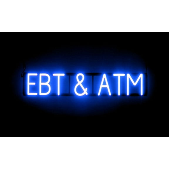 SpellBrite EBT & ATM LED Sign for Business. 33.2" x 6.3" Blue EBT & ATM Sign Has Neon Sign Look With Energy Efficient LED Light Source. Visible from 500+ Feet, 8 Animation Settings.