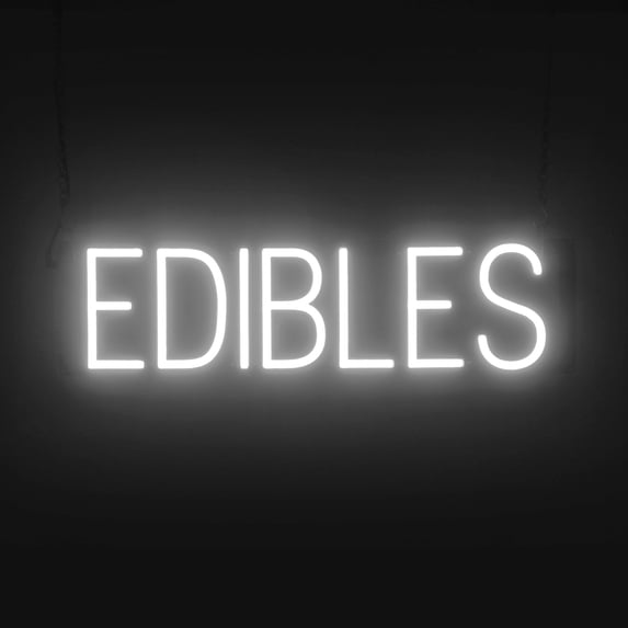 SpellBrite EDIBLES LED Sign for Business. 23.8" x 6.3" White EDIBLES Sign Has Neon Sign Look With Energy Efficient LED Light Source. Visible from 500+ Feet, 8 Animation Settings.