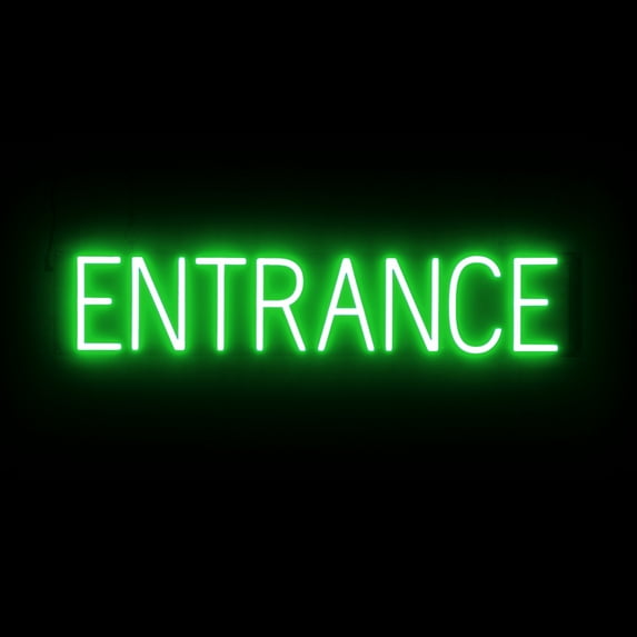 SpellBrite ENTRANCE LED Sign for Business. 31.3" x 6.3" Green ENTRANCE Sign Has Neon Sign Look With Energy Efficient LED Light Source. Visible from 500+ Feet, 8 Animation Settings.