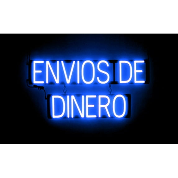 SpellBrite ENVIOS DE DINERO LED Sign for Business. 31.0" x 15.0" Blue ENVIOS DE DINERO Sign Has Neon Sign Look With Energy Efficient LED Light Source. Visible from 500+ Feet, 8 Animation Settings.