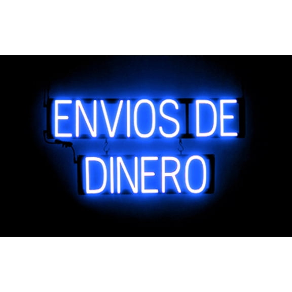 SpellBrite ENVIOS DE DINERO LED Sign for Business. 31.0" x 15.0" Blue ENVIOS DE DINERO Sign Has Neon Sign Look With Energy Efficient LED Light Source. Visible from 500+ Feet, 8 Animation Settings.