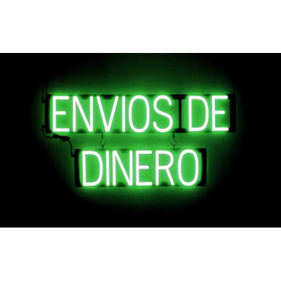 SpellBrite ENVIOS DE DINERO LED Sign for Business. 31.0" x 15.0" Green ENVIOS DE DINERO Sign Has Neon Sign Look With Energy Efficient LED Light Source. Visible from 500+ Feet, 8 Animation Settings.