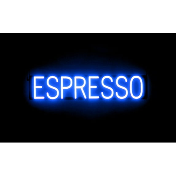 SpellBrite ESPRESSO LED Sign for Business. 30.7" x 6.3" Blue ESPRESSO Sign Has Neon Sign Look With Energy Efficient LED Light Source. Visible from 500+ Feet, 8 Animation Settings.