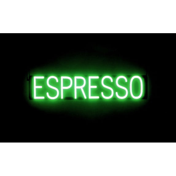 SpellBrite ESPRESSO LED Sign for Business. 30.7" x 6.3" Green ESPRESSO Sign Has Neon Sign Look With Energy Efficient LED Light Source. Visible from 500+ Feet, 8 Animation Settings.