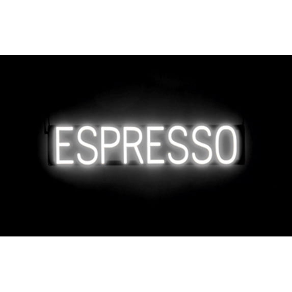 SpellBrite ESPRESSO LED Sign for Business. 30.7" x 6.3" White ESPRESSO Sign Has Neon Sign Look With Energy Efficient LED Light Source. Visible from 500+ Feet, 8 Animation Settings.
