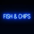 thumbnail image 1 of SpellBrite FISH & CHIPS LED Sign for Business. 37.8" x 6.3" Blue FISH & CHIPS Sign Has Neon Sign Look With Energy Efficient LED Light Source. Visible from 500+ Feet, 8 Animation Settings., 1 of 4