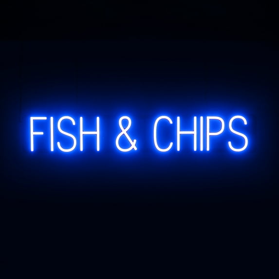 SpellBrite FISH & CHIPS LED Sign for Business. 37.8" x 6.3" Blue FISH & CHIPS Sign Has Neon Sign Look With Energy Efficient LED Light Source. Visible from 500+ Feet, 8 Animation Settings.