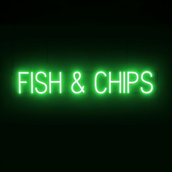 SpellBrite FISH & CHIPS LED Sign for Business. 37.8" x 6.3" Green FISH & CHIPS Sign Has Neon Sign Look With Energy Efficient LED Light Source. Visible from 500+ Feet, 8 Animation Settings.