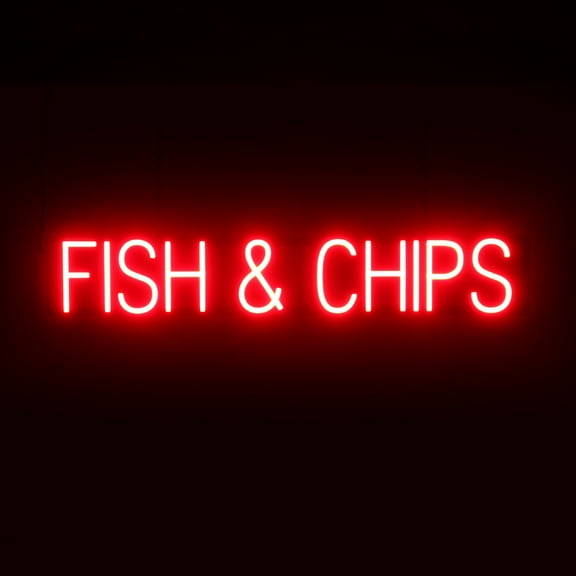 SpellBrite FISH & CHIPS LED Sign for Business. 37.8" x 6.3" Red FISH & CHIPS Sign Has Neon Sign Look With Energy Efficient LED Light Source. Visible from 500+ Feet, 8 Animation Settings.