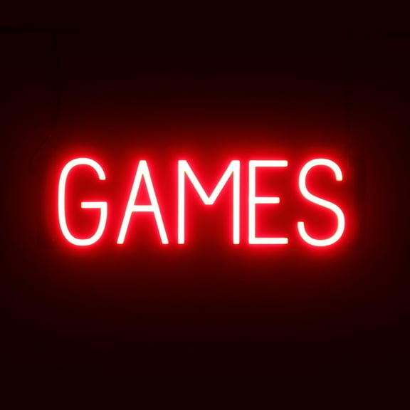 SpellBrite GAMES LED Sign for Business. 21.7" x 6.3" Red GAMES Sign Has Neon Sign Look With Energy Efficient LED Light Source. Visible from 500+ Feet, 8 Animation Settings.