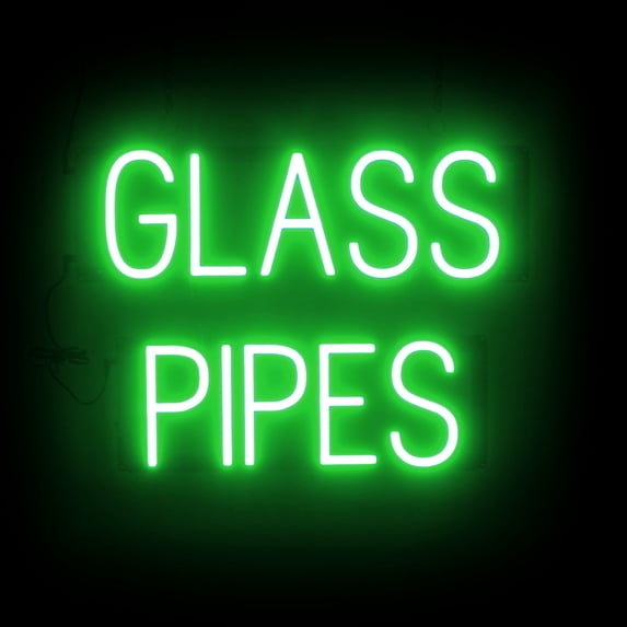 SpellBrite GLASS PIPES LED Sign for Business. 20.7" x 15.0" Green GLASS PIPES Sign Has Neon Sign Look With Energy Efficient LED Light Source. Visible from 500+ Feet, 8 Animation Settings.