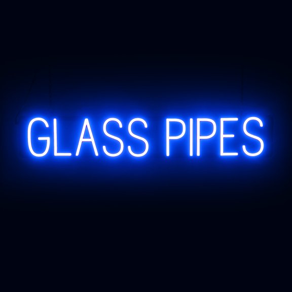 SpellBrite GLASS PIPES LED Sign for Business. 37.6" x 6.3" Blue GLASS PIPES Sign Has Neon Sign Look With Energy Efficient LED Light Source. Visible from 500+ Feet, 8 Animation Settings.