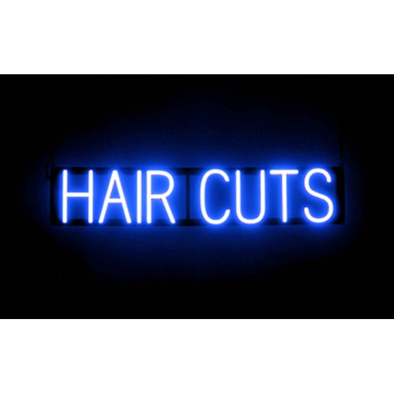 SpellBrite HAIR CUTS LED Sign for Business. 31.6" x 6.3" Blue HAIR CUTS Sign Has Neon Sign Look With Energy Efficient LED Light Source. Visible from 500+ Feet, 8 Animation Settings.