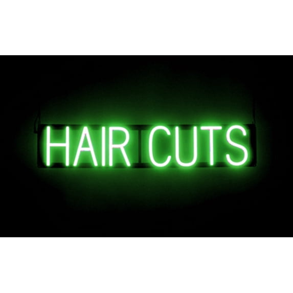 SpellBrite HAIR CUTS LED Sign for Business. 31.6" x 6.3" Green HAIR CUTS Sign Has Neon Sign Look With Energy Efficient LED Light Source. Visible from 500+ Feet, 8 Animation Settings.