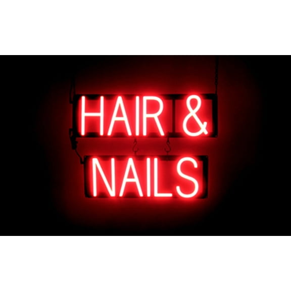 SpellBrite HAIR & NAILS LED Sign for Business. 20.8" x 15.0" Red HAIR & NAILS Sign Has Neon Sign Look With Energy Efficient LED Light Source. Visible from 500+ Feet, 8 Animation Settings.
