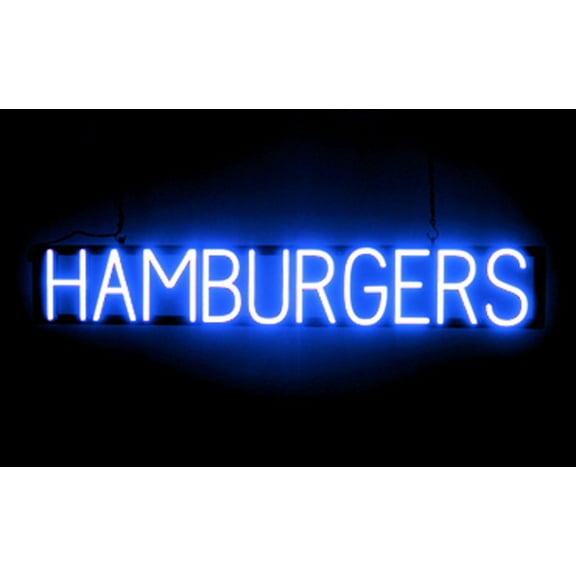 SpellBrite HAMBURGERS LED Sign for Business. 40.0" x 6.3" Blue HAMBURGERS Sign Has Neon Sign Look With Energy Efficient LED Light Source. Visible from 500+ Feet, 8 Animation Settings.