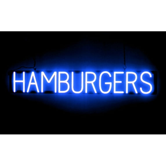 SpellBrite HAMBURGERS LED Sign for Business. 40.0" x 6.3" Blue HAMBURGERS Sign Has Neon Sign Look With Energy Efficient LED Light Source. Visible from 500+ Feet, 8 Animation Settings.