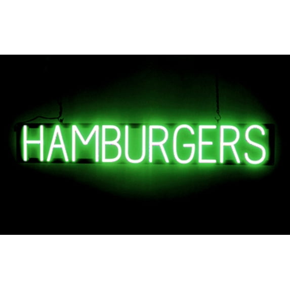 SpellBrite HAMBURGERS LED Sign for Business. 40.0" x 6.3" Green HAMBURGERS Sign Has Neon Sign Look With Energy Efficient LED Light Source. Visible from 500+ Feet, 8 Animation Settings.