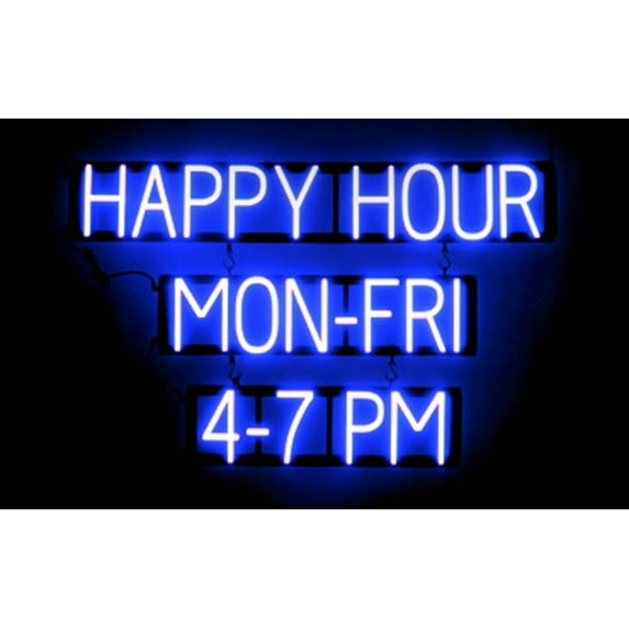 SpellBrite HAPPY HOUR MON-FRI 4-7 PM LED Sign for Business. 38.0" x 23.8" Blue HAPPY HOUR MON-FRI 4-7 PM Sign Has Neon Sign Look, LED Light Source. Visible from 500+ Feet, 8 Animations.