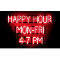 SpellBrite HAPPY HOUR MON-FRI 4-7 PM LED Sign for Business. 38.0" x 23.8" Red HAPPY HOUR MON-FRI 4-7 PM Sign Has Neon Sign Look, LED Light Source. Visible from 500  Feet, 8 Animations.