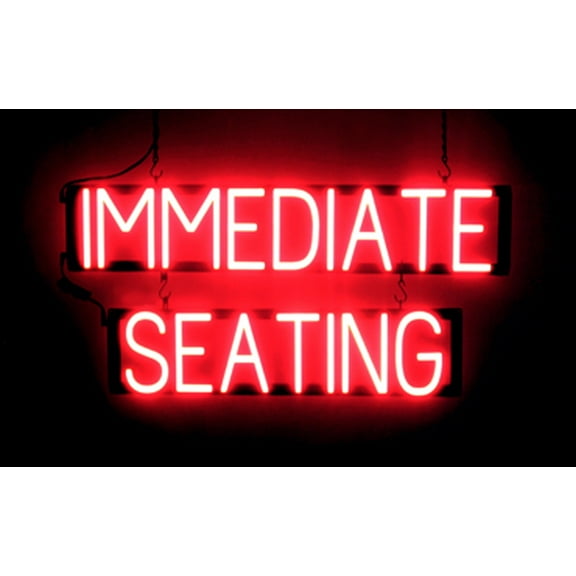 SpellBrite IMMEDIATE SEATING LED Sign for Business. 31.6" x 15.0" Red IMMEDIATE SEATING Sign Has Neon Sign Look With Energy Efficient LED Light Source. Visible from 500+ Feet, 8 Animation Settings.