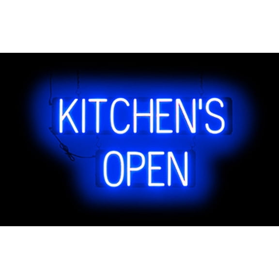 SpellBrite KITCHEN'S OPEN LED Sign for Business. 29.9" x 15.0" Blue KITCHEN'S OPEN Sign Has Neon Sign Look With Energy Efficient LED Light Source. Visible from 500+ Feet, 8 Animation Settings.