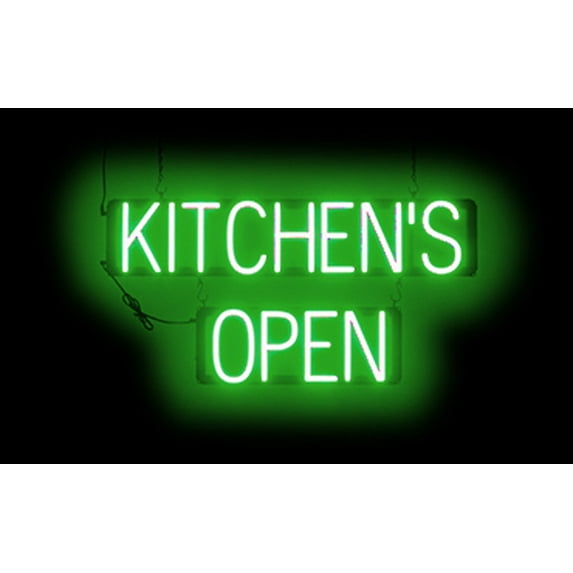 SpellBrite KITCHEN'S OPEN LED Sign for Business. 29.9" x 15.0" Green KITCHEN'S OPEN Sign Has Neon Sign Look With Energy Efficient LED Light Source. Visible from 500+ Feet, 8 Animation Settings.