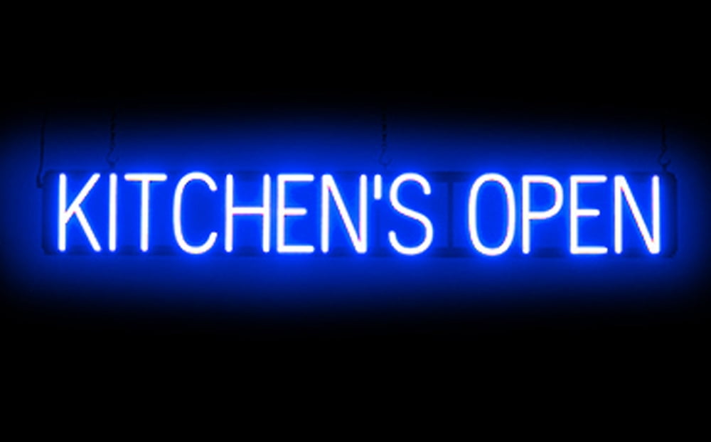 SpellBrite KITCHEN'S OPEN LED Sign for Business. 46.3" x 6.3" Blue KITCHEN'S OPEN Sign Has Neon Sign Look With Energy Efficient LED Light Source. Visible from 500+ Feet, 8 Animation Settings.