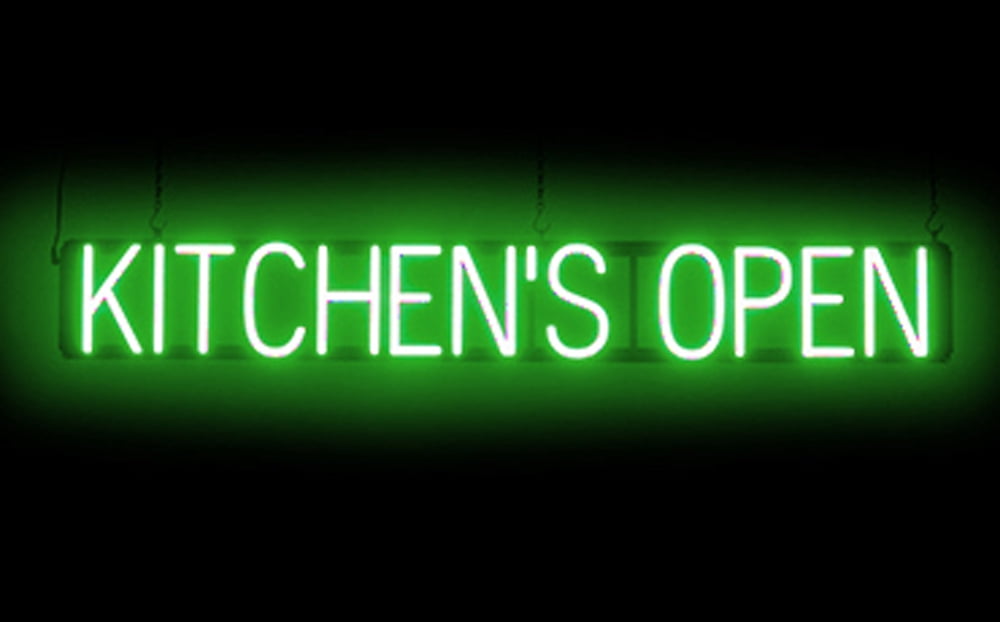 SpellBrite KITCHEN'S OPEN LED Sign for Business. 46.3" x 6.3" Green KITCHEN'S OPEN Sign Has Neon Sign Look With Energy Efficient LED Light Source. Visible from 500+ Feet, 8 Animation Settings.