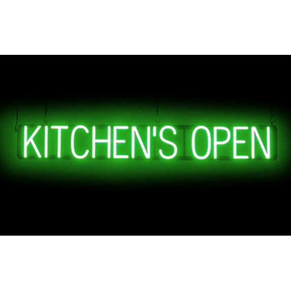 SpellBrite KITCHEN'S OPEN LED Sign for Business. 46.3" x 6.3" Green KITCHEN'S OPEN Sign Has Neon Sign Look With Energy Efficient LED Light Source. Visible from 500+ Feet, 8 Animation Settings.