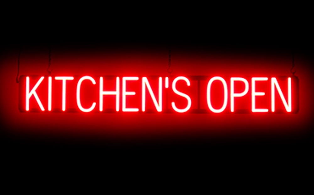 SpellBrite KITCHEN'S OPEN LED Sign for Business. 46.3" x 6.3" Red KITCHEN'S OPEN Sign Has Neon Sign Look With Energy Efficient LED Light Source. Visible from 500+ Feet, 8 Animation Settings.