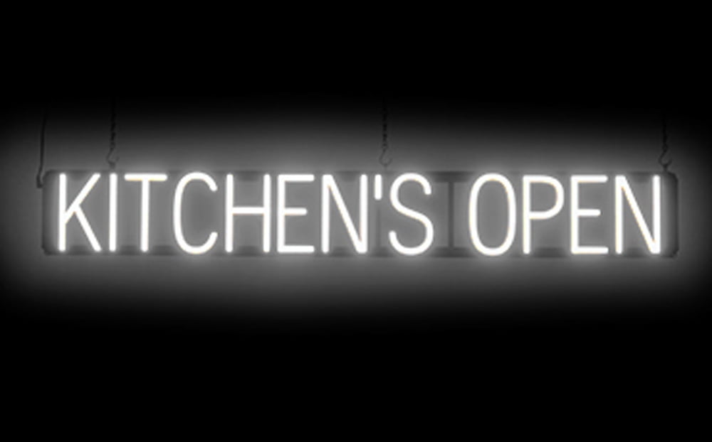 SpellBrite KITCHEN'S OPEN LED Sign for Business. 46.3" x 6.3" White KITCHEN'S OPEN Sign Has Neon Sign Look With Energy Efficient LED Light Source. Visible from 500+ Feet, 8 Animation Settings.