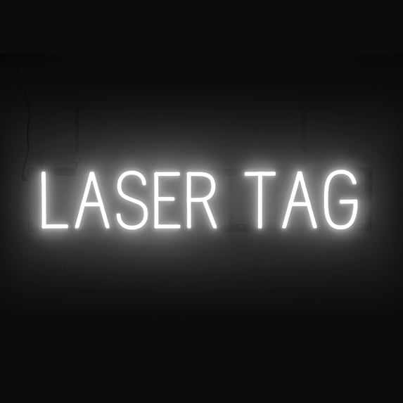 SpellBrite LASER TAG LED Sign for Business. 33.6" x 6.3" White LASER TAG Sign Has Neon Sign Look With Energy Efficient LED Light Source. Visible from 500+ Feet, 8 Animation Settings.