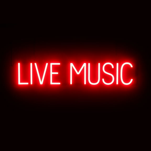 SpellBrite LIVE MUSIC LED Sign for Business. 32.7" x 6.3" Red LIVE MUSIC Sign Has Neon Sign Look With Energy Efficient LED Light Source. Visible from 500+ Feet, 8 Animation Settings.