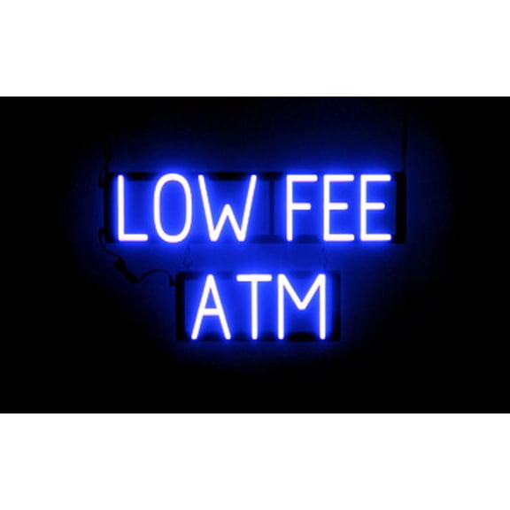 SpellBrite LOW FEE ATM LED Sign for Business. 26.5" x 15.0" Blue LOW FEE ATM Sign Has Neon Sign Look With Energy Efficient LED Light Source. Visible from 500+ Feet, 8 Animation Settings.