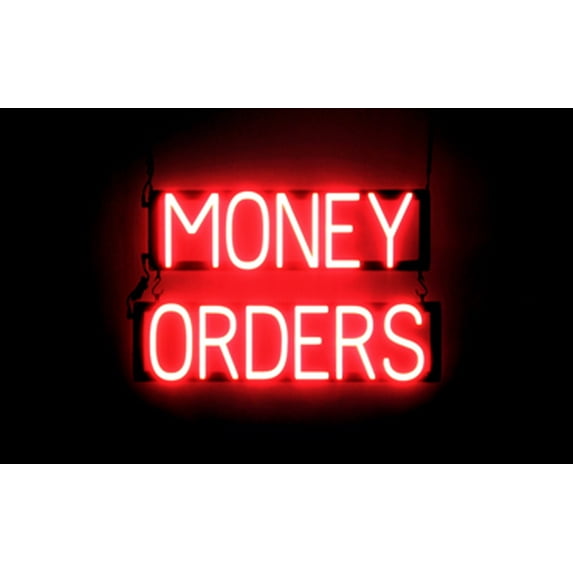 SpellBrite MONEY ORDERS LED Sign for Business. 24.0" x 15.0" Red MONEY ORDERS Sign Has Neon Sign Look With Energy Efficient LED Light Source. Visible from 500+ Feet, 8 Animation Settings.