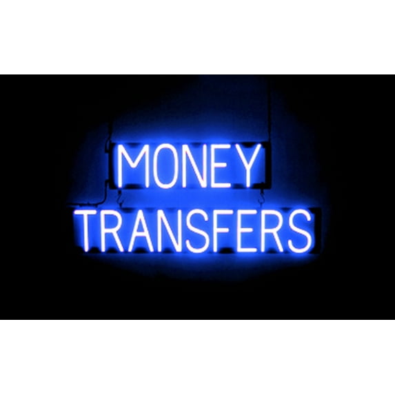 SpellBrite MONEY TRANSFERS LED Sign for Business. 34.8" x 15.0" Blue MONEY TRANSFERS Sign Has Neon Sign Look With Energy Efficient LED Light Source. Visible from 500+ Feet, 8 Animation Settings.